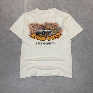 Vintage Road Trip Anywhere Graphic T-Shirt Cream SUV Map Mens XL